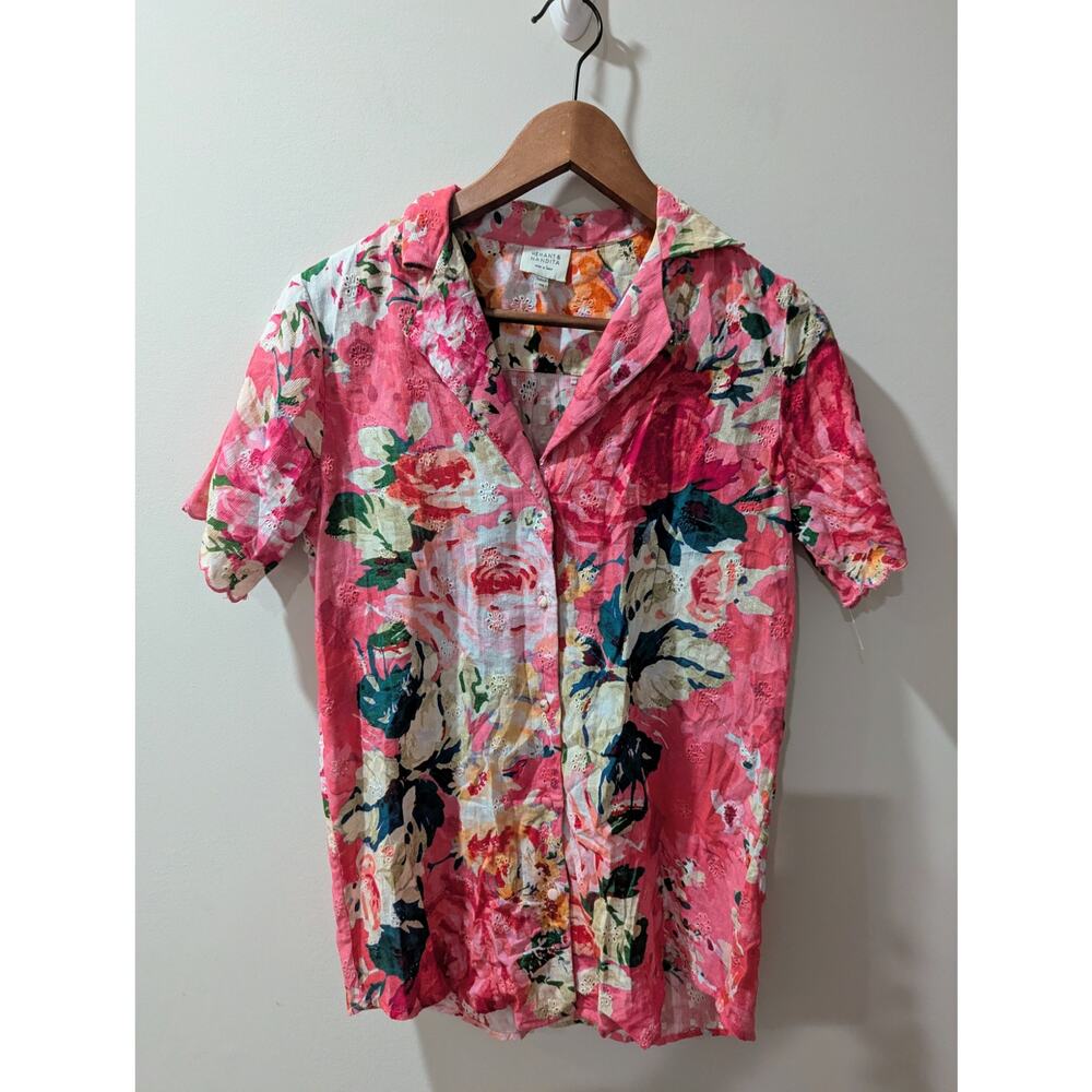 Hemant & Nandita Pink Floral Eyelet Button Down Shirt Blouse